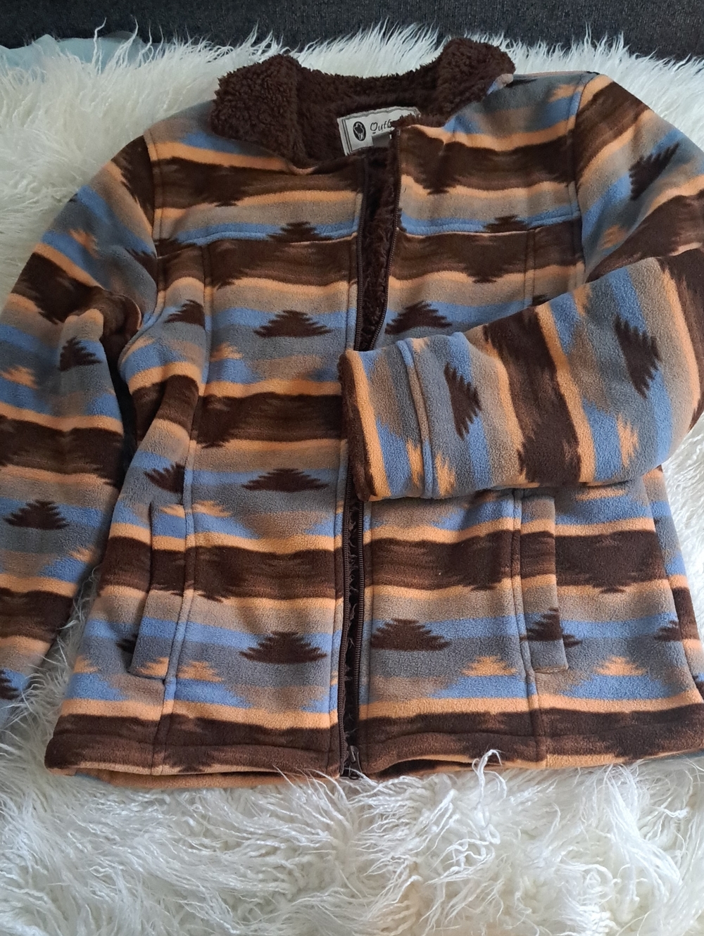 Quilted Patterned Fleece Jacket in Brown & Blue